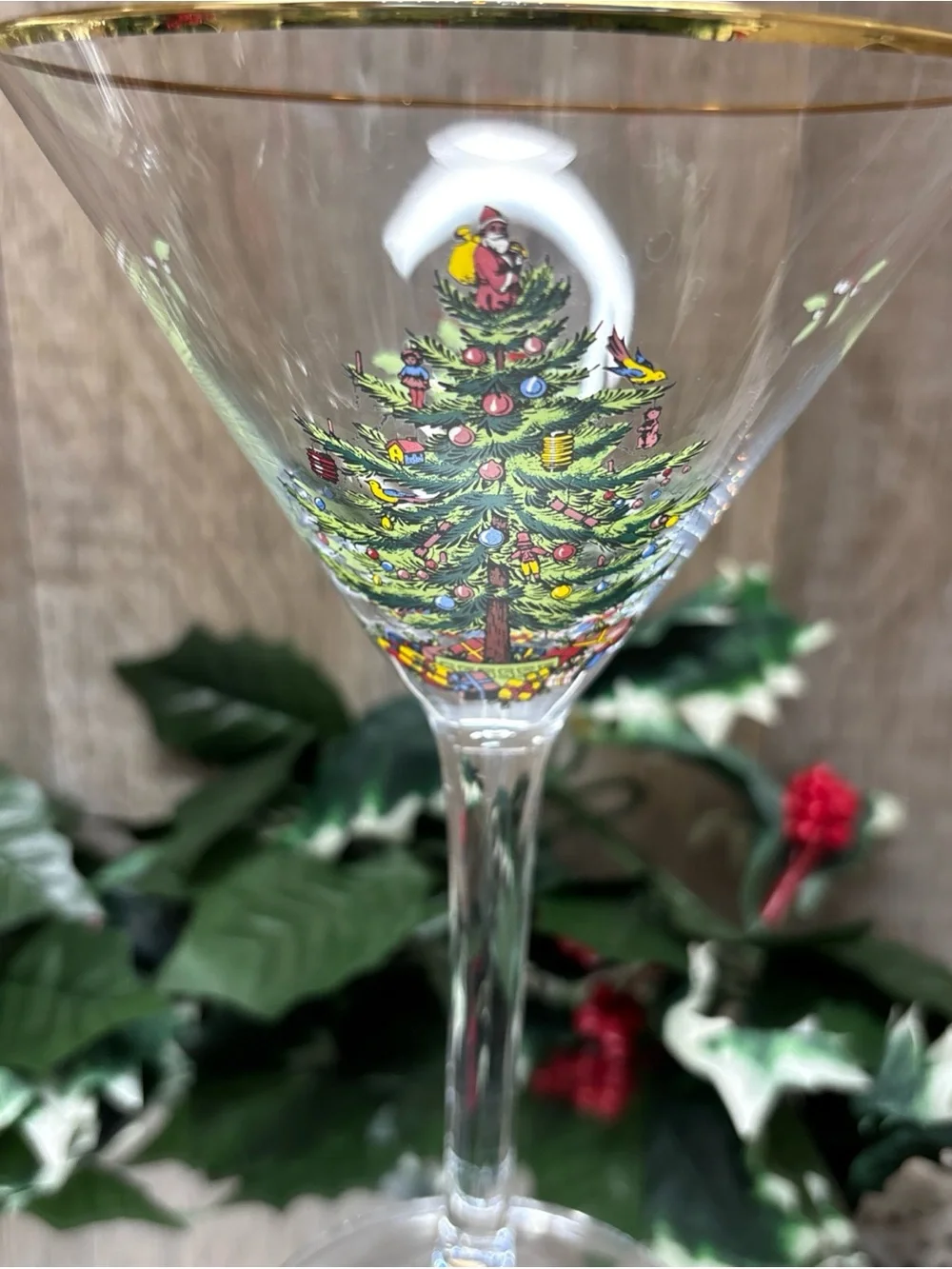 Spode Christmas Tree Martini Glass Gold Rim Single Stem Set Of 2Holidaycheer